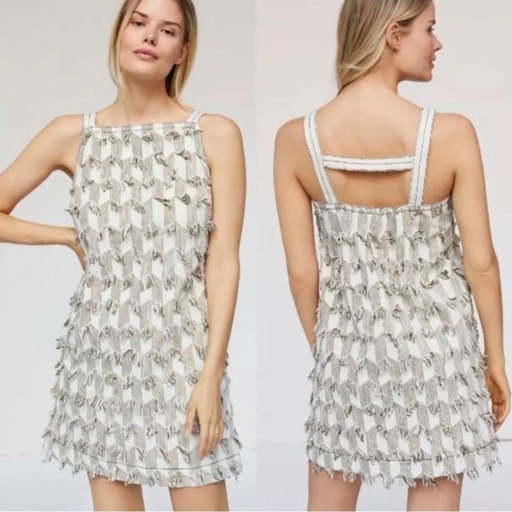 Anthropologie Textured Fringe Open Back‎ Light Sand Mini Shift Dress Large
